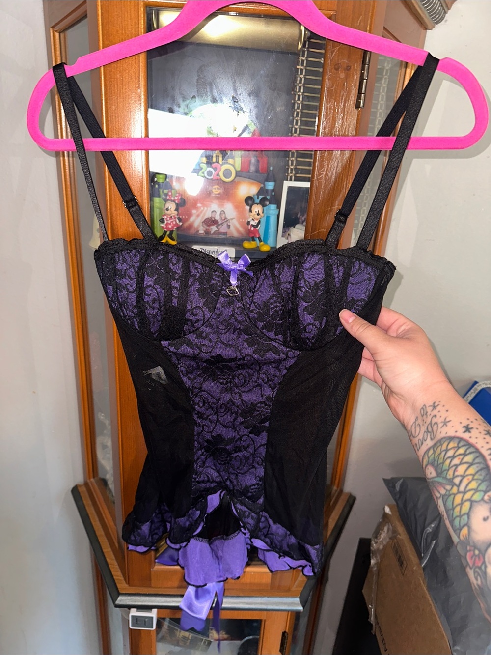 Purple Lace Bustier Chemise with Black Accents - Women Intimates Shapewear